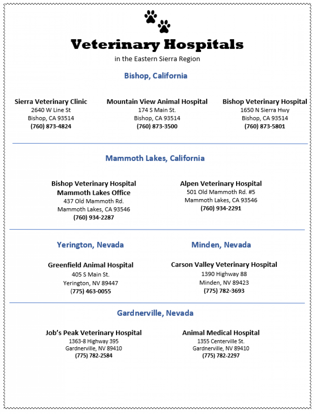 Veterinarian Directory | Mono County California