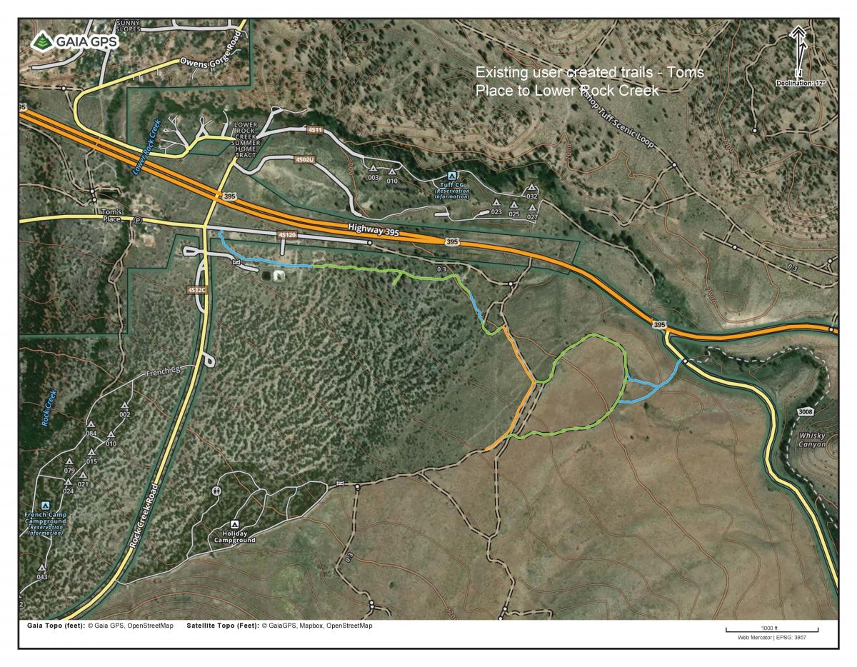 Existing trails Toms Place to Lower Rock Ck