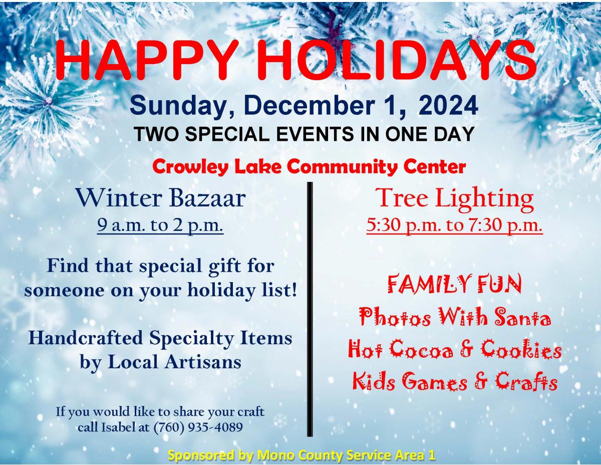 Poster announcing events on December 1, 2024 a winter bazaar 9 am to 2 pm  a tree lighting 5:30 pm to 7:30 pm